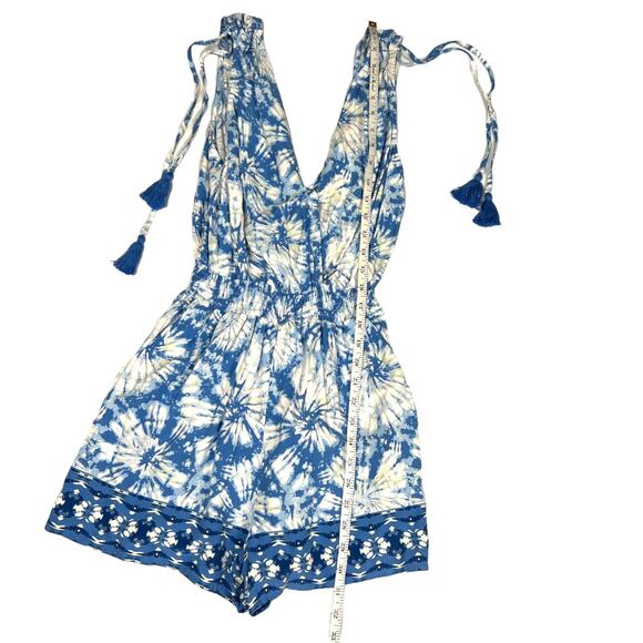 Bebop Romper Sleeveless Tassel Tie Detail Surplice Blue White Print NEW Womens M - Picture 8 of 13